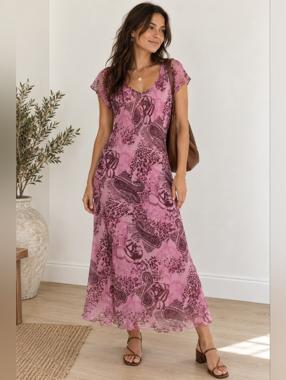 Vintage Y2K 90s Maxi Dress Pink Floral Paisley Fairycore Boho L/XL Romantic NWT